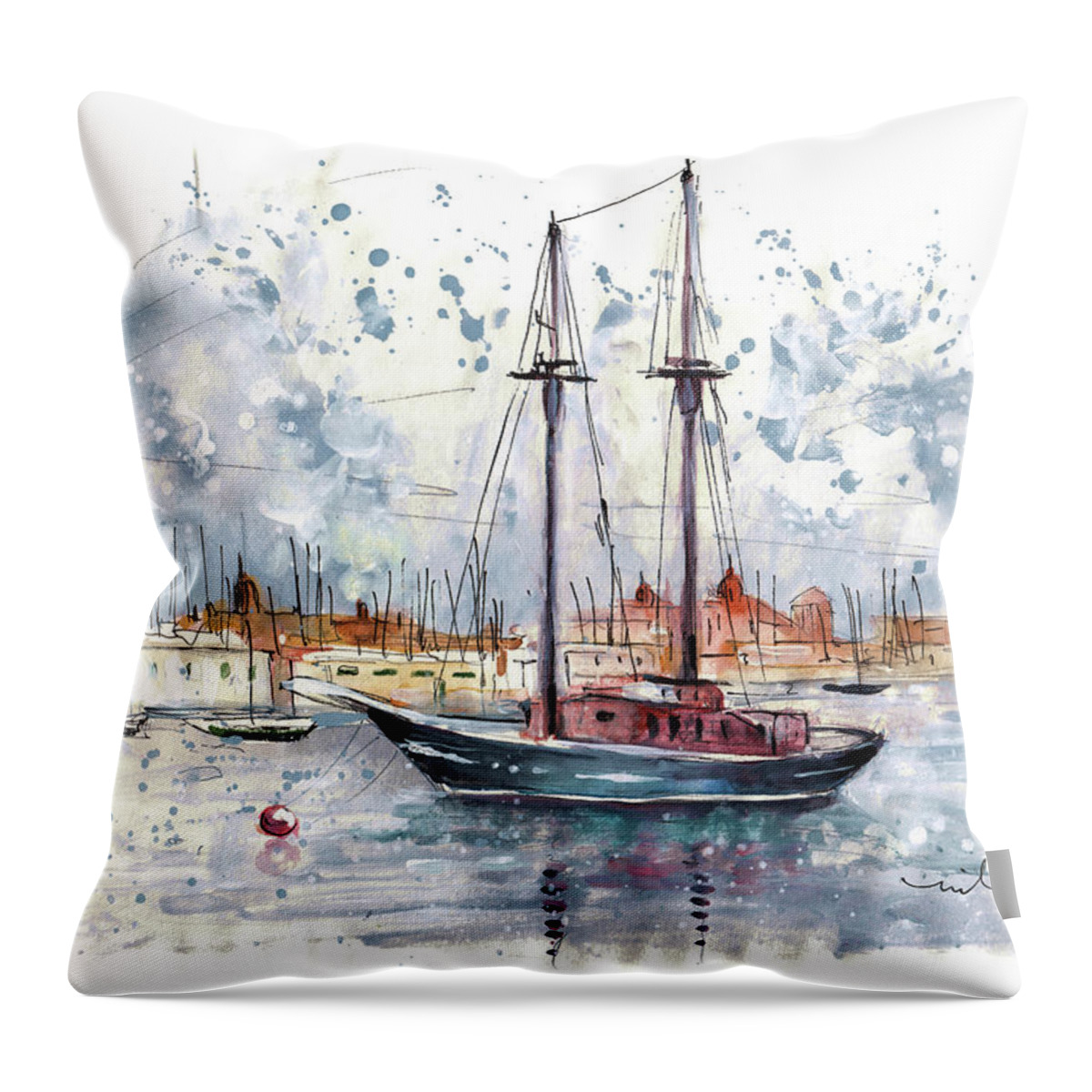 Travel Throw Pillow featuring the painting Boat In Siema In Front Of Valletta by Miki De Goodaboom