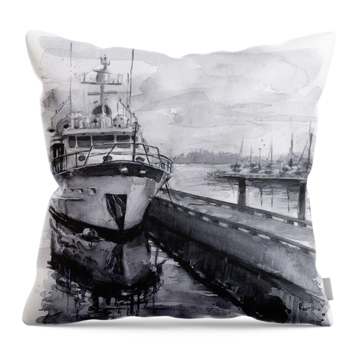 Kirkland Throw Pillow featuring the painting Boat on Waterfront Marina Kirkland Washington by Olga Shvartsur