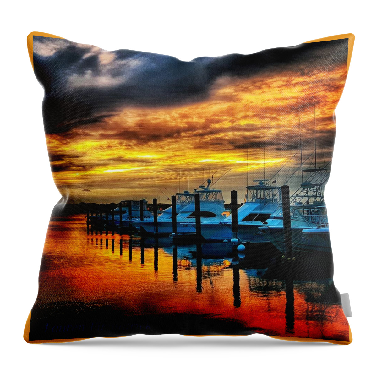  Throw Pillow featuring the photograph Boat Reflections at Sunset by Lauren Fitzpatrick