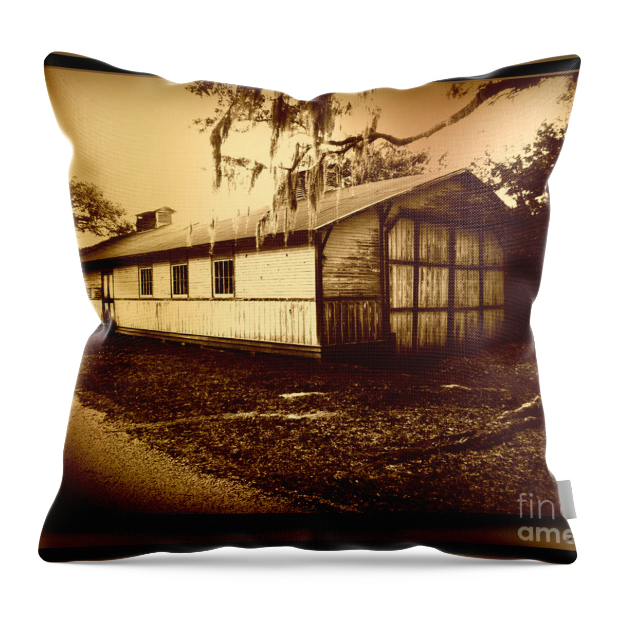 Sepia Throw Pillow featuring the photograph Boathouse - Avery Island by Leslie Revels