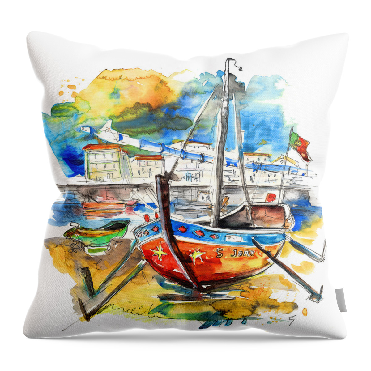 Portugal Throw Pillow featuring the painting Boats in Tavira in Portugal 02 by Miki De Goodaboom