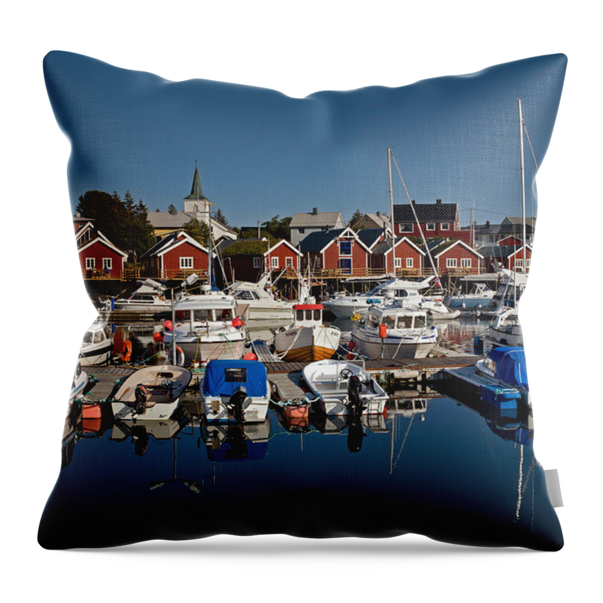 Moskenes Throw Pillow featuring the photograph Boats with Reflections in Reine Port by Aivar Mikko