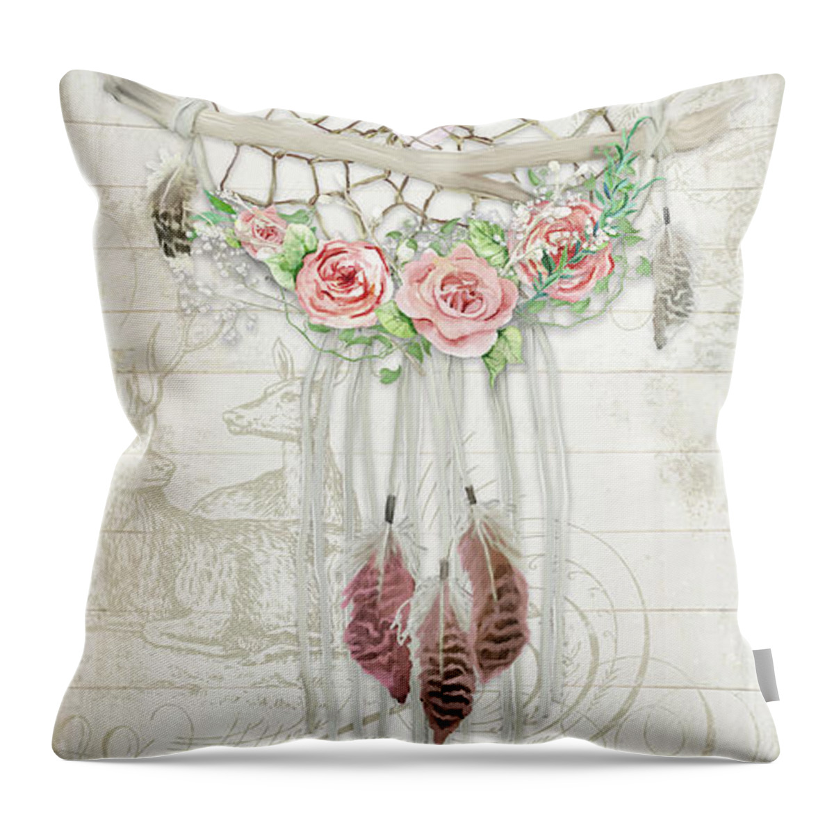 Dream Catcher Throw Pillow featuring the painting BOHO Western Dream Catcher w Wood Macrame Feathers and Roses Dream Beautiful Dreams by Audrey Jeanne Roberts