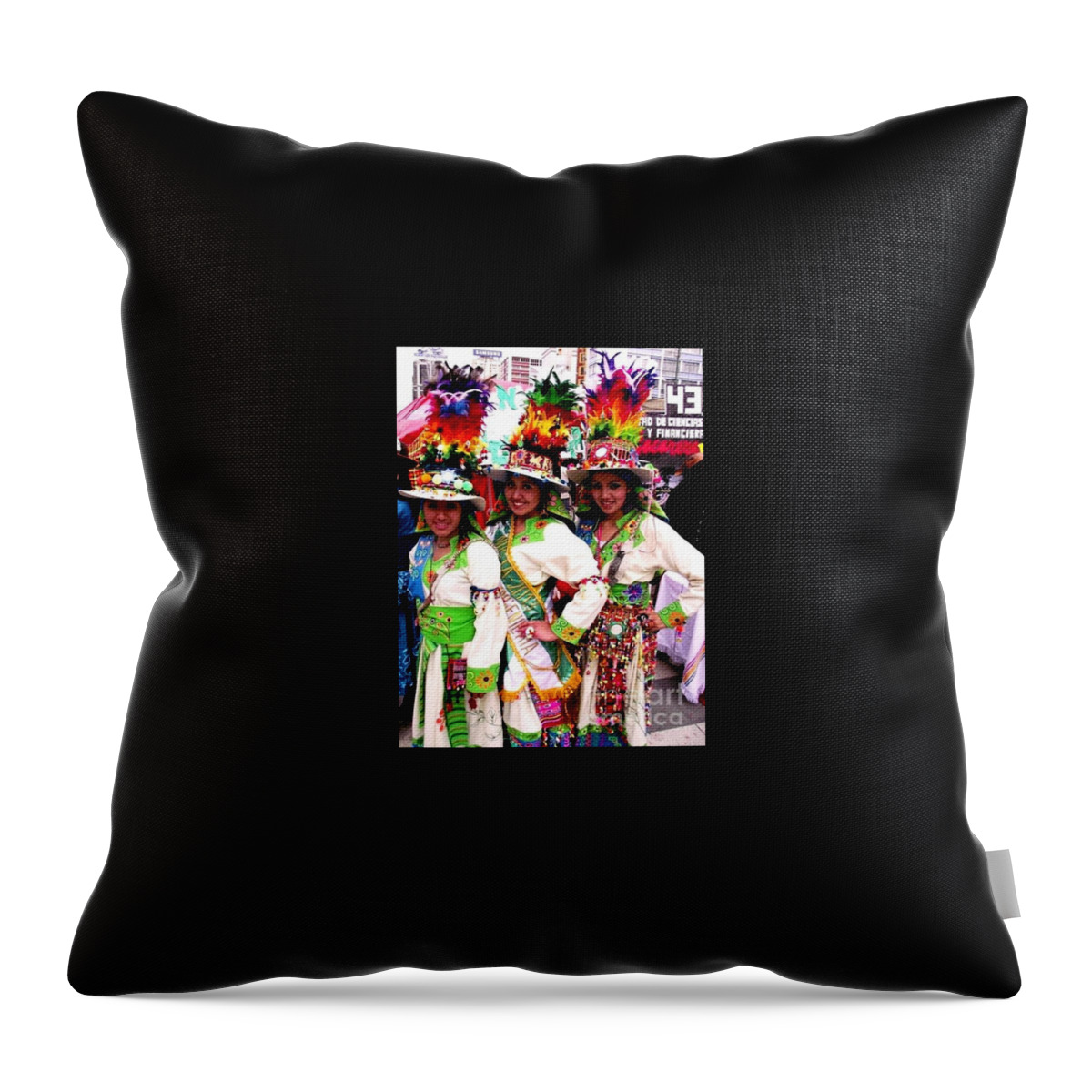 Dancers Throw Pillow featuring the painting Bolivian University Student Dancers 1 by Jayne Kerr