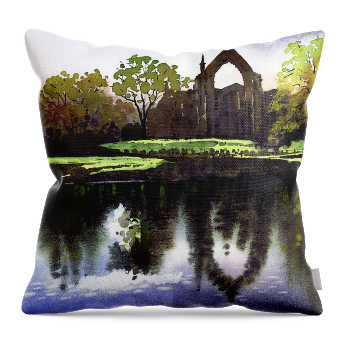 Watercolour Lanndscape Throw Pillow featuring the painting Bolton Abbey by Paul Dene Marlor