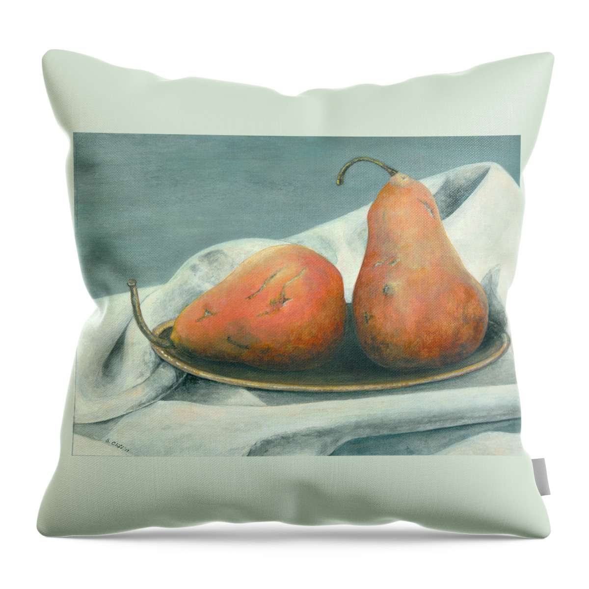 Pears Throw Pillow featuring the mixed media Bosc Pears by Sandy Clift