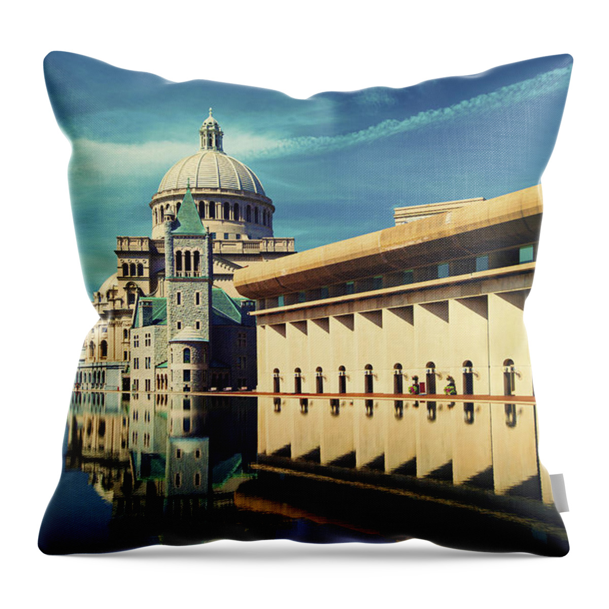 Boston Cityscape Christian Science Church Reflection Blue Sky Throw Pillow featuring the photograph Boston by Brandon Hunter