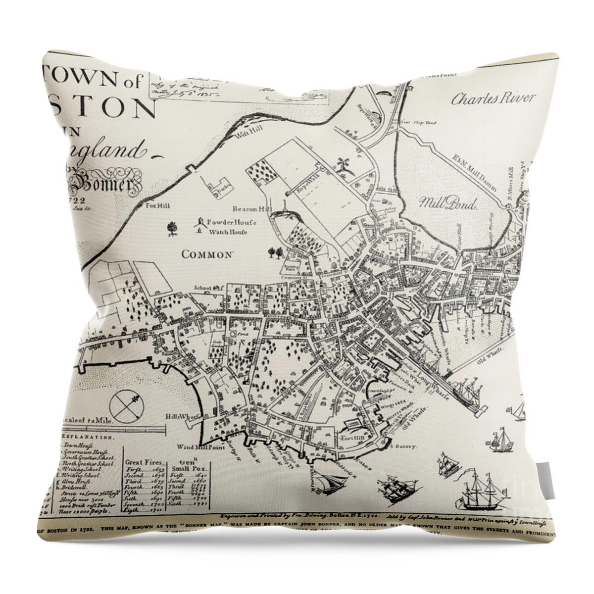 1722 Throw Pillow featuring the drawing Boston Map, 1722 by John Bonner
