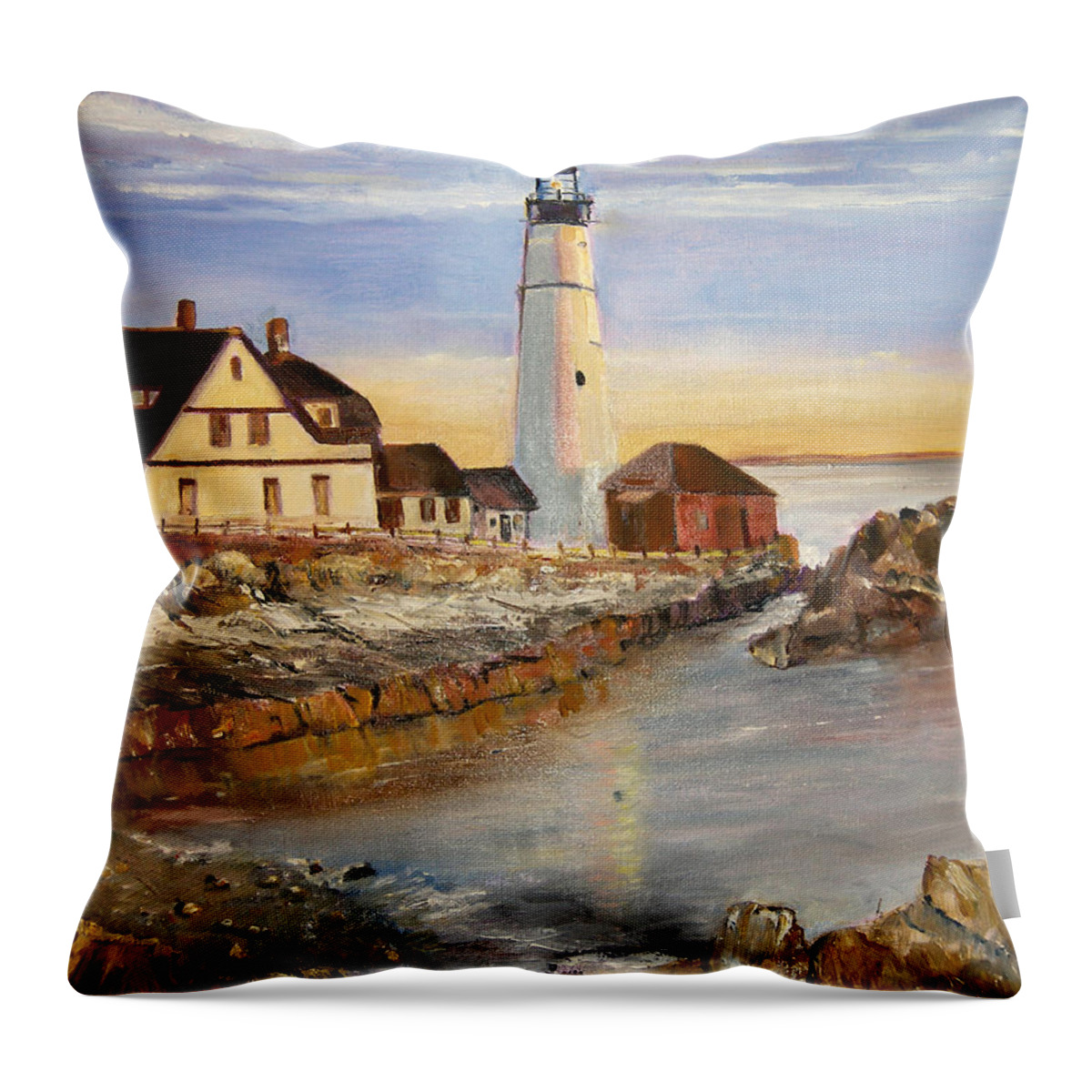 Boston Throw Pillow featuring the painting Boston rocky coast by Arlen Avernian - Thorensen