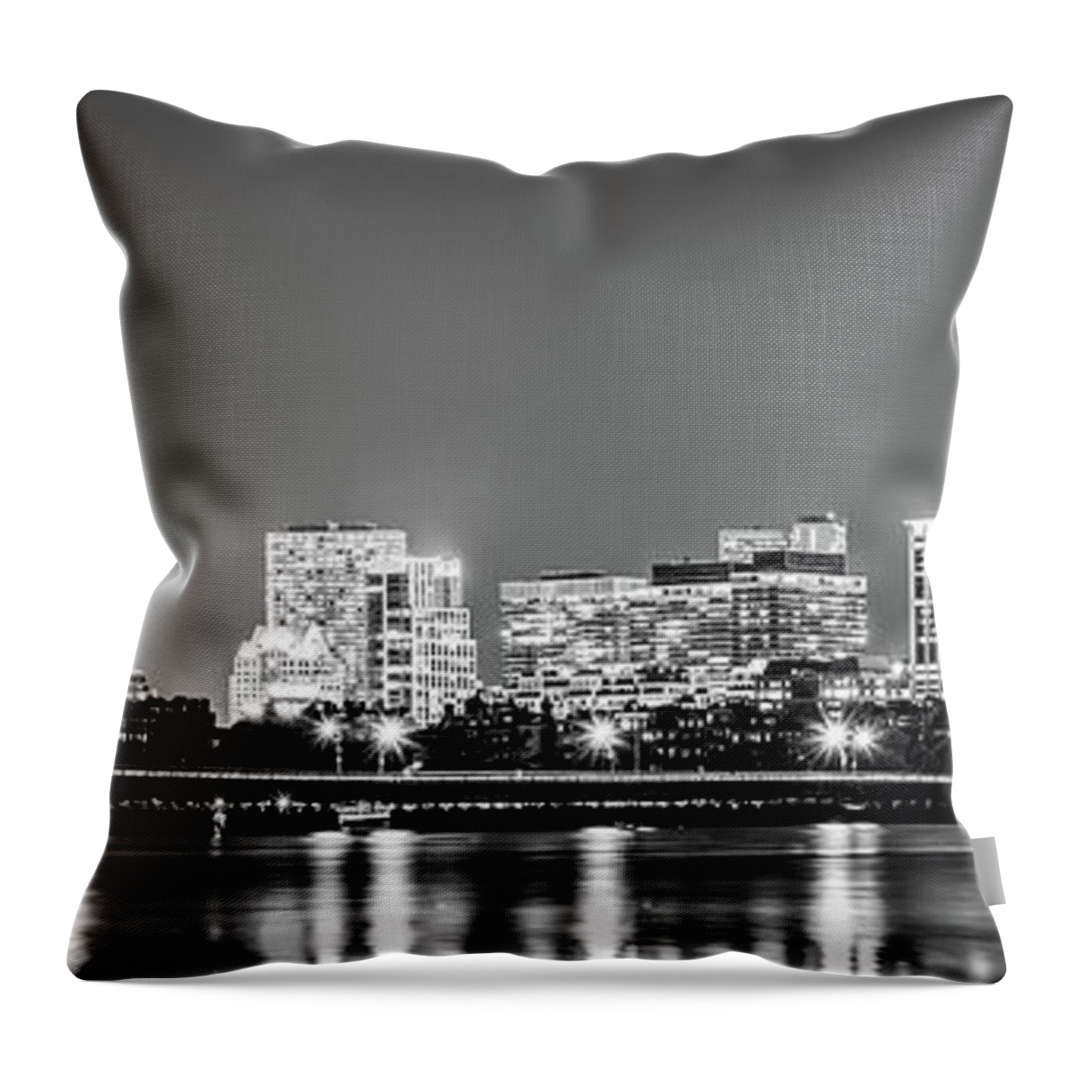 America Throw Pillow featuring the photograph Boston Skyline at Night Black and White Panorama Picture by Paul Velgos