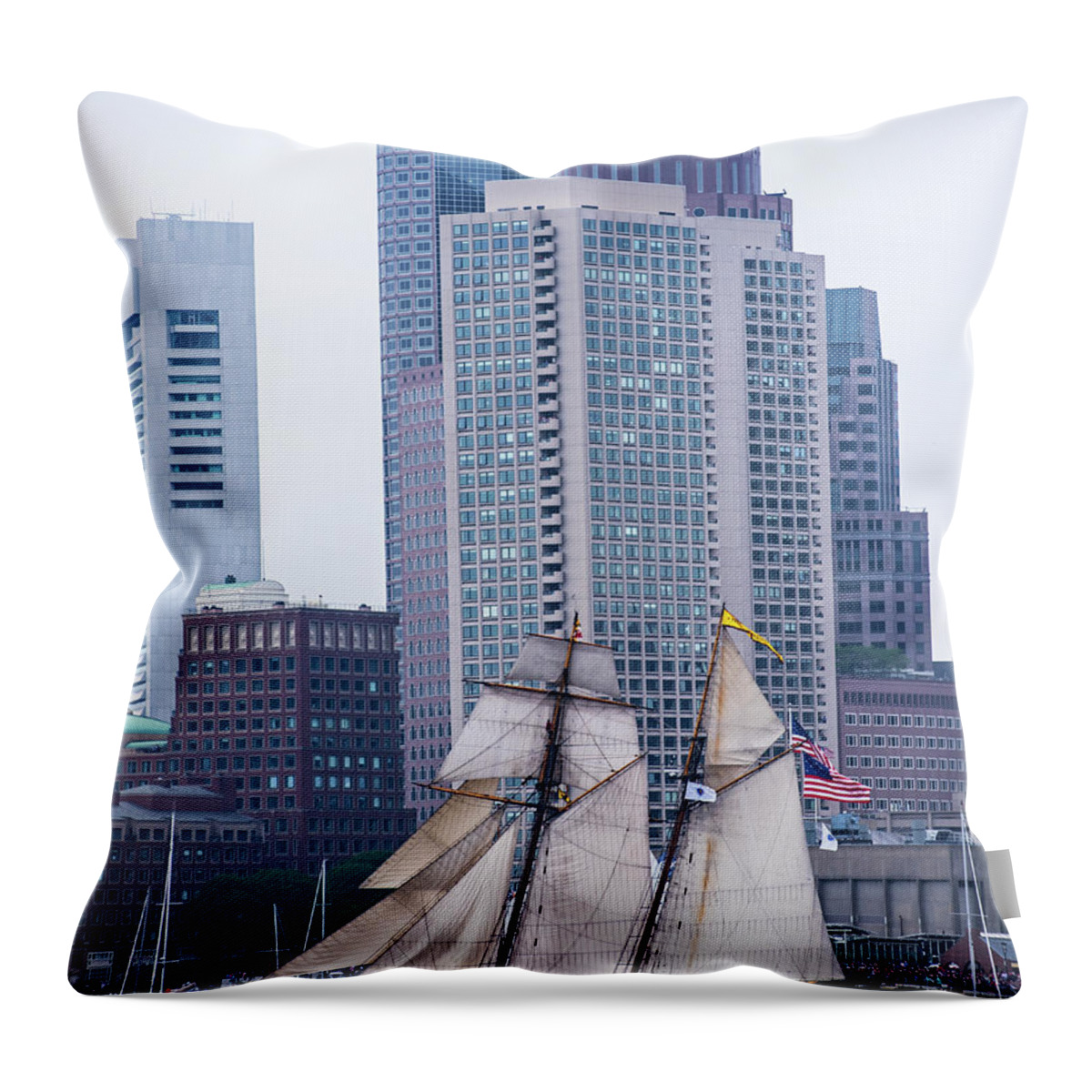 Boston Throw Pillow featuring the photograph Boston Tall Ship Beautiful Sails Boston MA Harbor Towers by Toby McGuire
