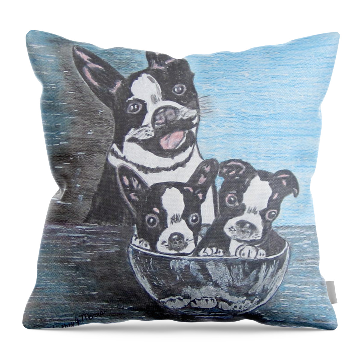 Boston Terrier Throw Pillow featuring the painting Boston Terrier Mom and Pups by Kathy Marrs Chandler