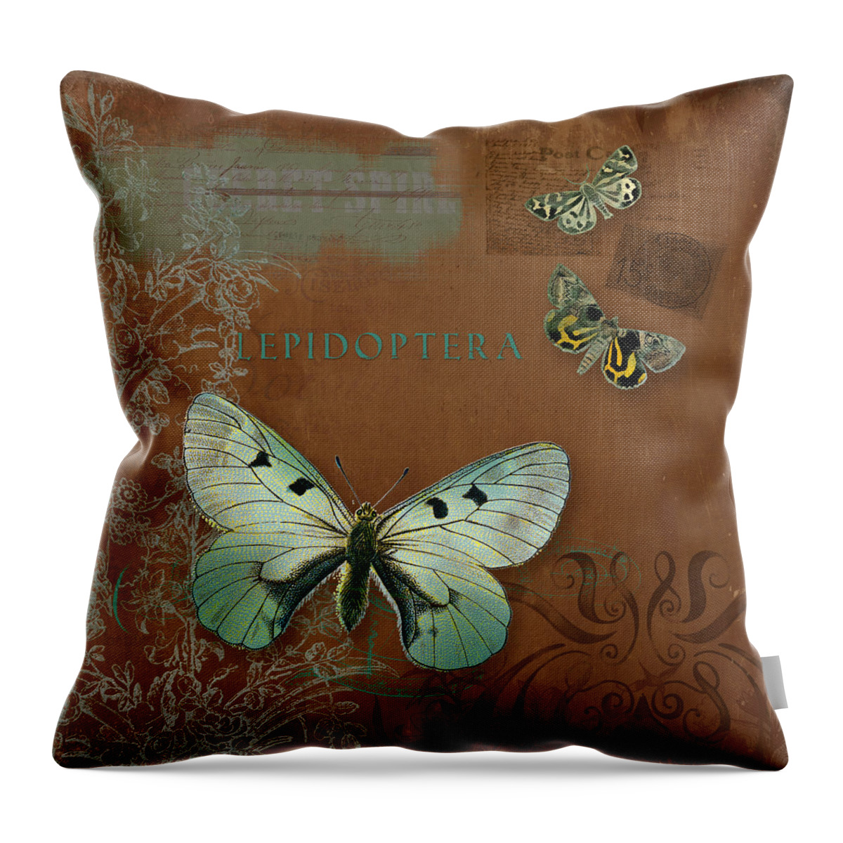 Wildflower Etchings Throw Pillow featuring the painting Botanica Vintage Butterflies n Moths Collage 4 by Audrey Jeanne Roberts