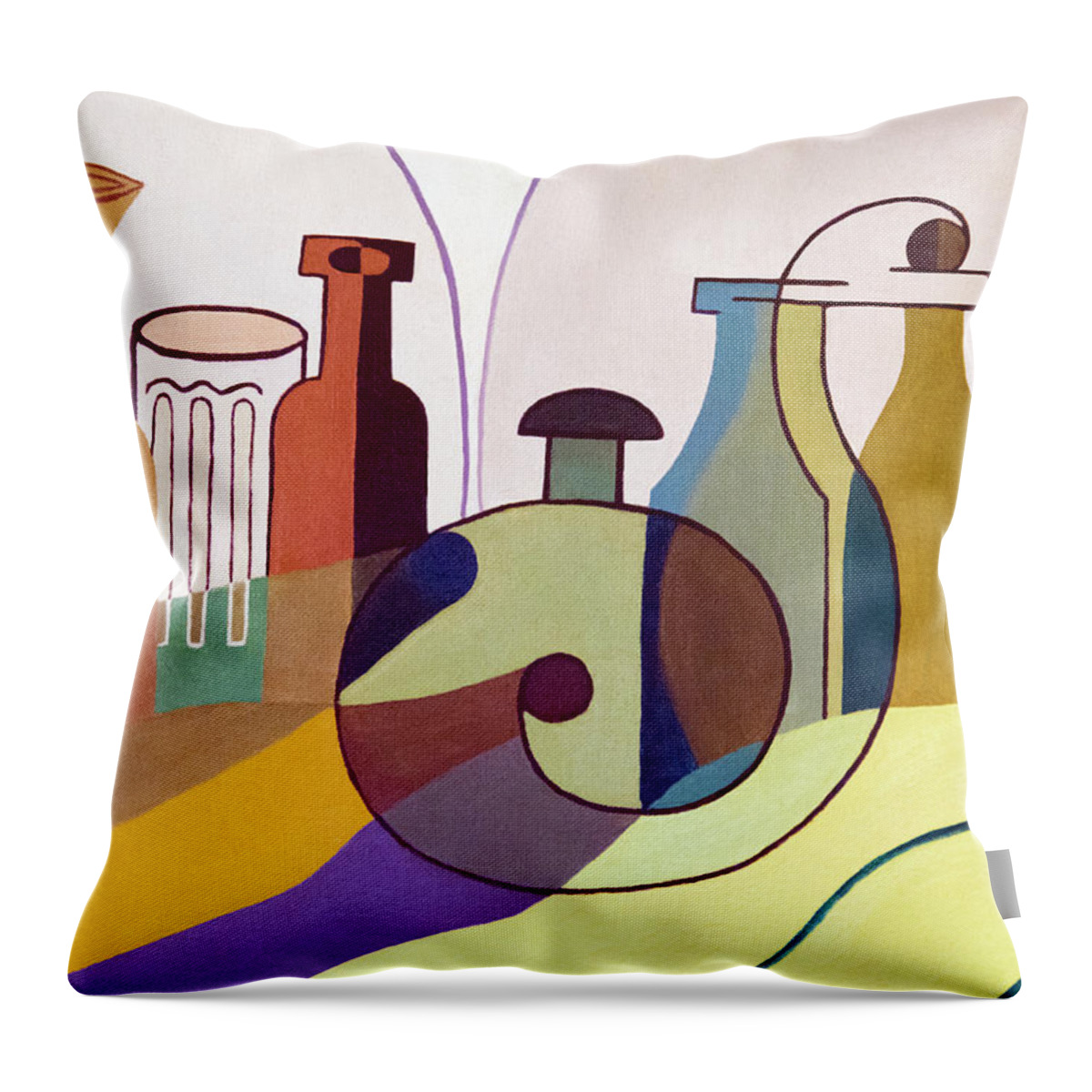 2d Throw Pillow featuring the painting Bottles And Glass - Cubism by Brian Wallace