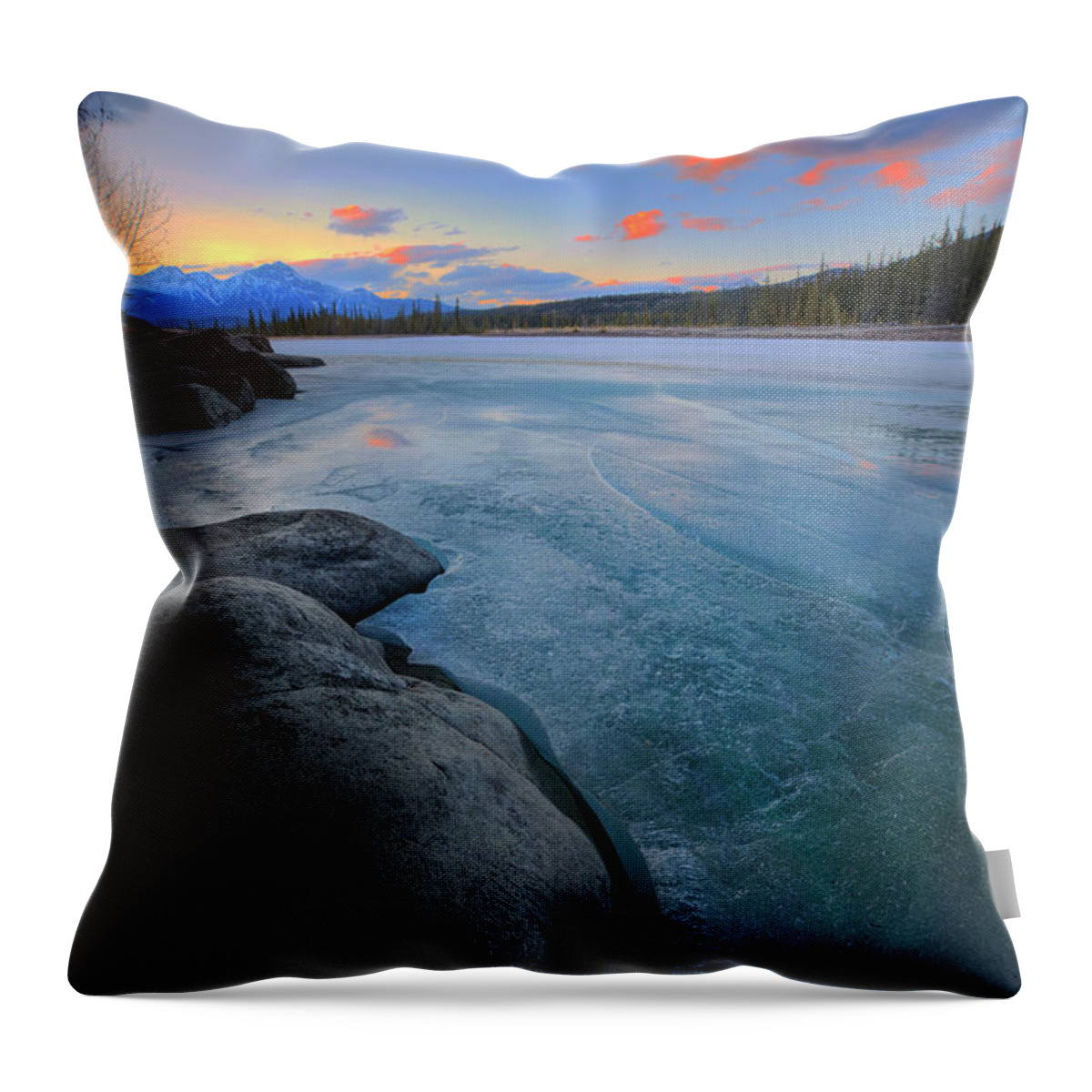 Jasper National Park Throw Pillow featuring the photograph Boulders and Ice on the Athabasca River by Dan Jurak