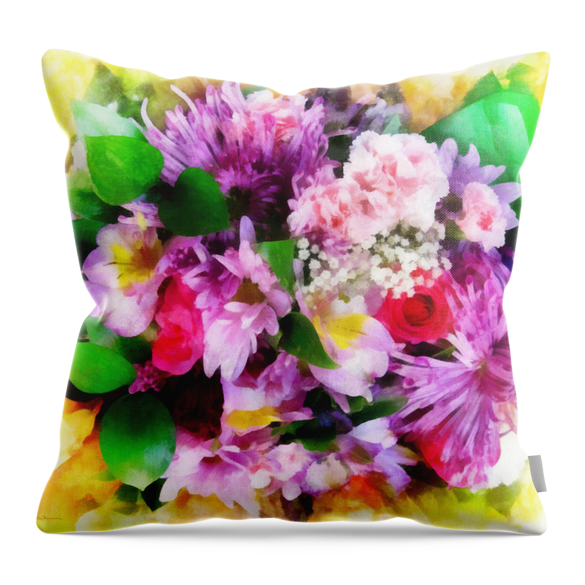 Flowers; Bouquet; Blooms; Buds; Plants; Love; Romance; Carnations; Chrysanthemums; Roses; Freesias Throw Pillow featuring the digital art Bouquet of Purple by Frances Miller