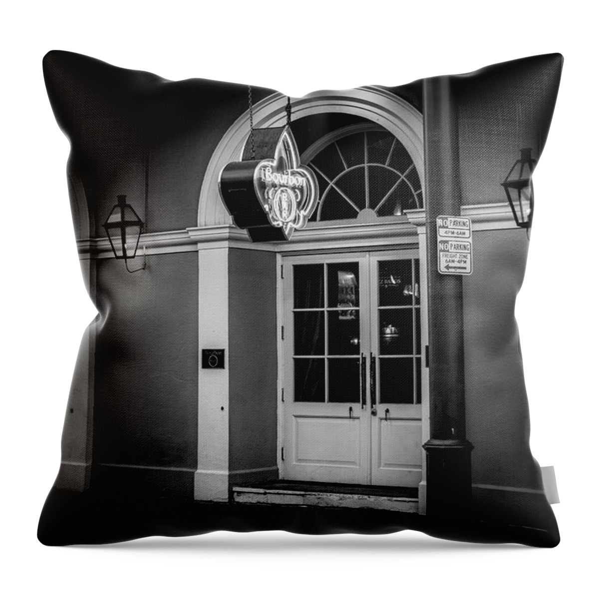 Fine Art New Orleans Throw Pillow featuring the photograph Bourbon O Bar In Black and White by Greg and Chrystal Mimbs