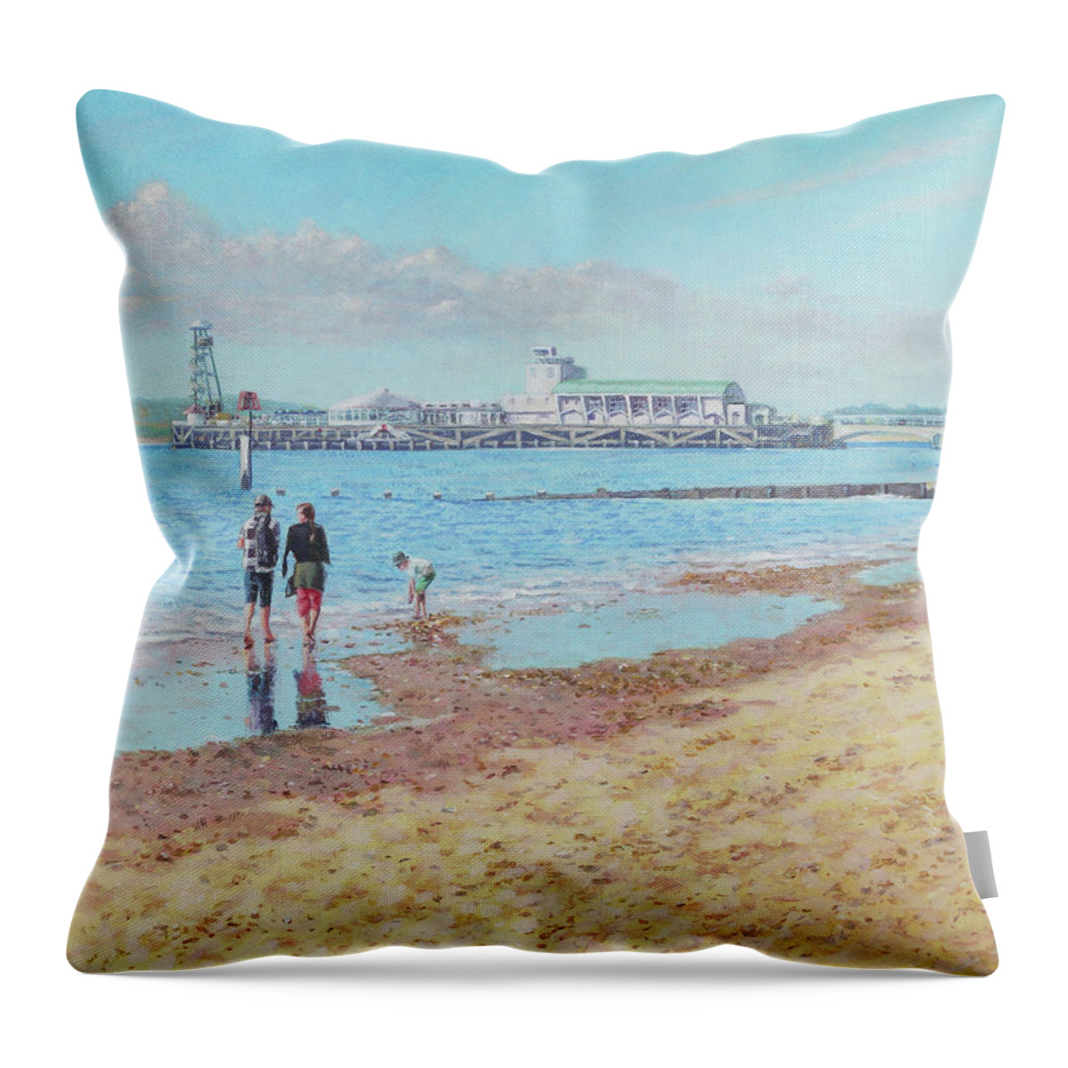 Beach Throw Pillow featuring the painting Bournemouth Pier late summer morning by Martin Davey