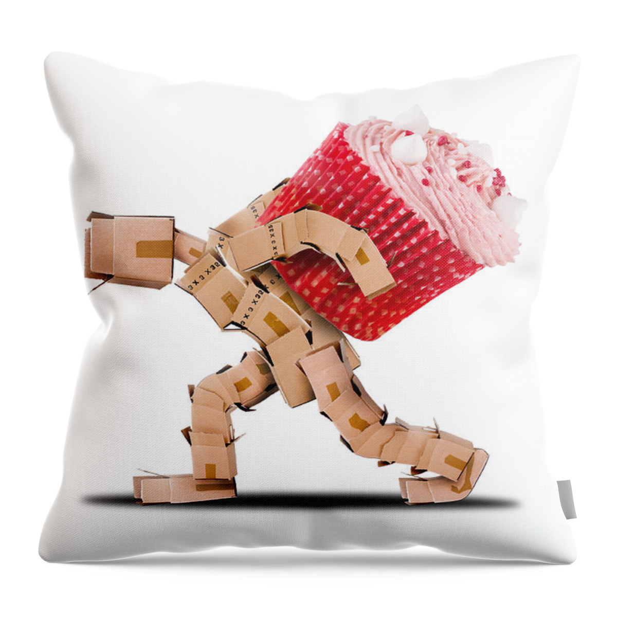 Cake Throw Pillow featuring the digital art Box character carrying a massive cupcake by Simon Bratt