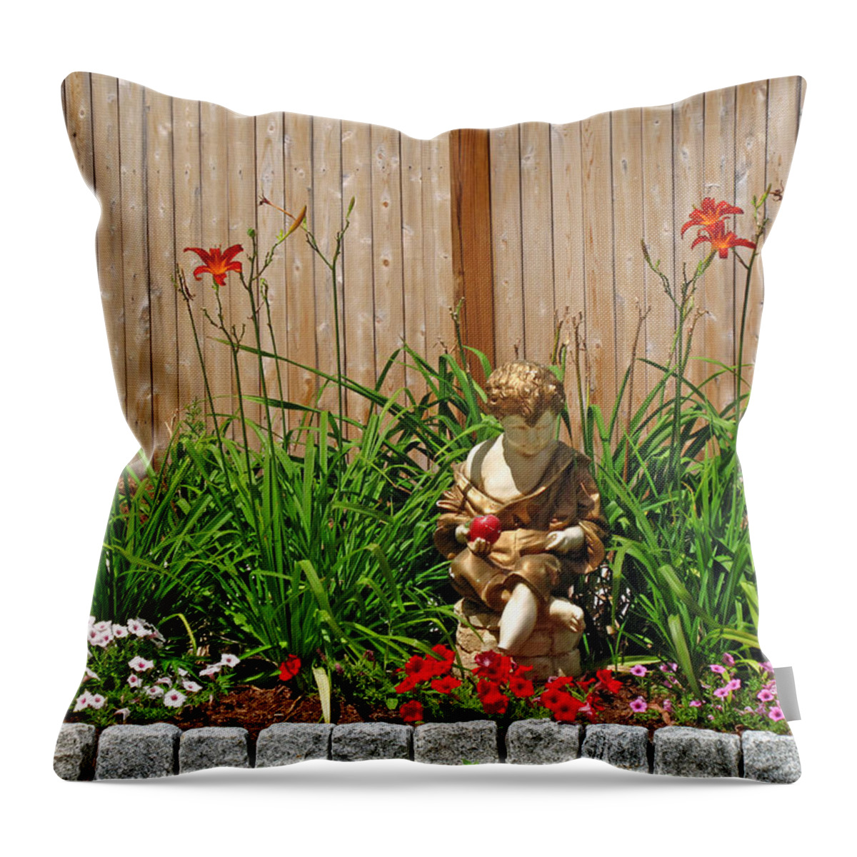 Floral Throw Pillow featuring the photograph Boy and Dog in Garden by Barbara McDevitt