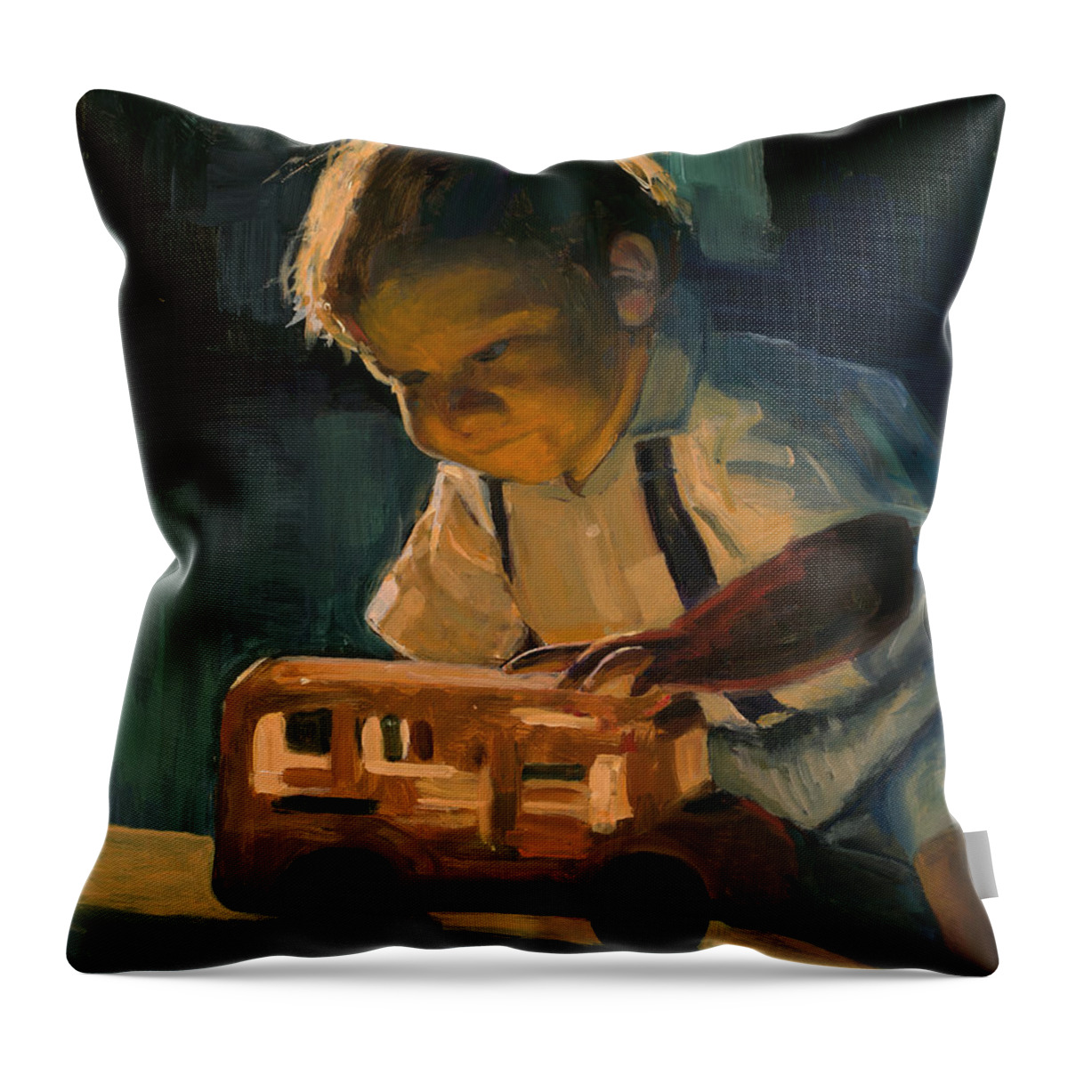 Little Boy With Toy Throw Pillow featuring the painting Boy and Their Toys by Billie Colson