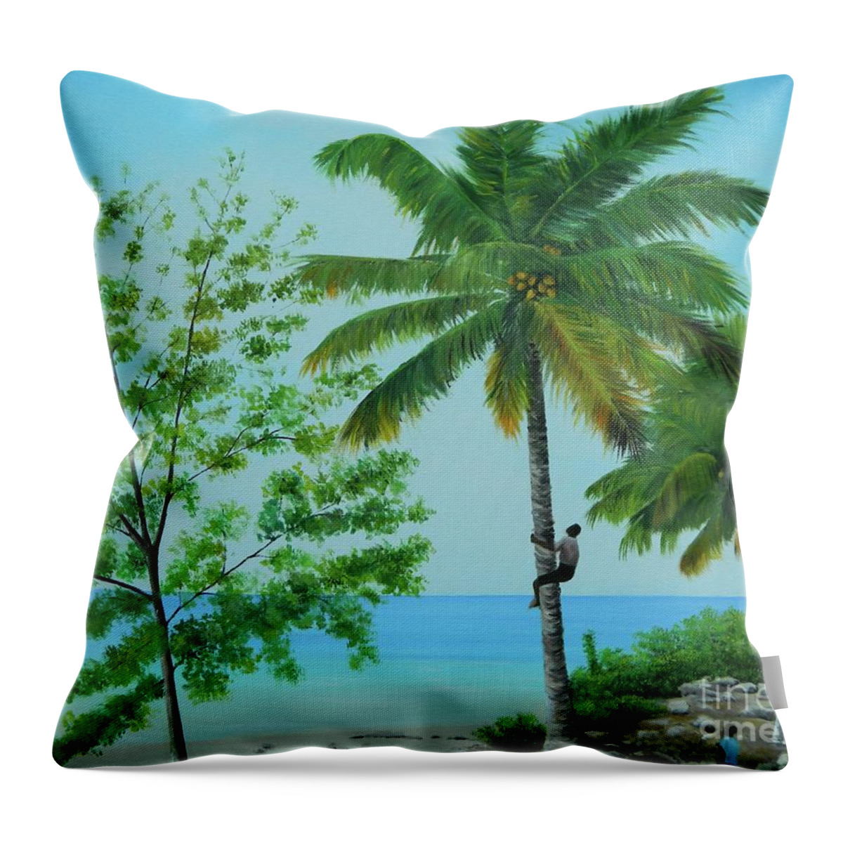 Tropical Landscape Throw Pillow featuring the painting Boy Climbing Coconut Tree by Kenneth Harris