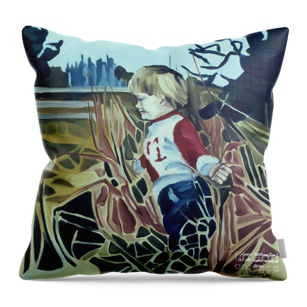 Children Throw Pillow featuring the painting Boy In Grassy Field by Laara WilliamSen