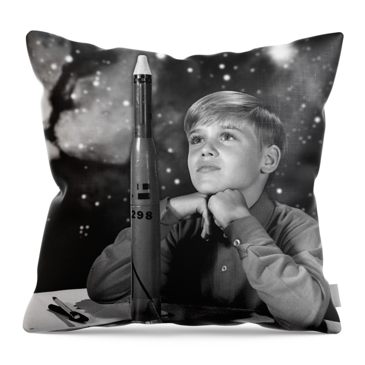 1950s Throw Pillow featuring the photograph Boy With Model Rocket, C.1960s by H Armstrong Roberts ClassicStock