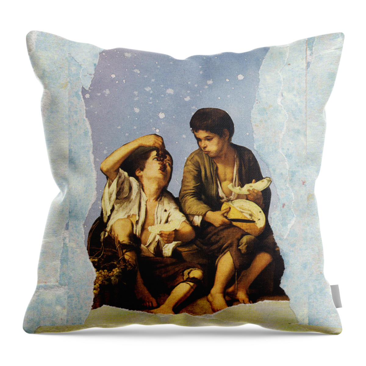 Collage Throw Pillow featuring the digital art Boys Eating Lunch by John Vincent Palozzi