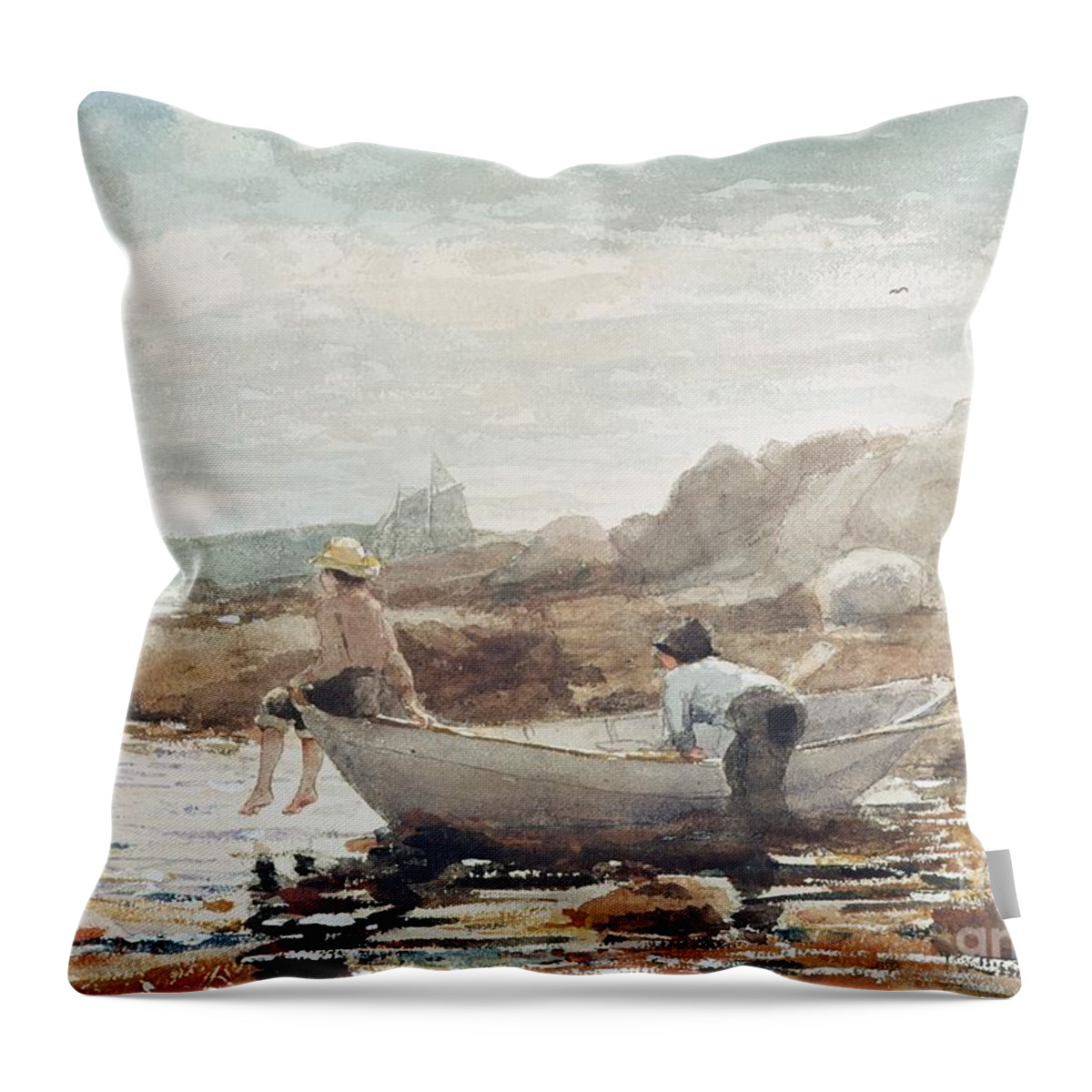 Boys On The Beach Throw Pillow featuring the painting Boys on the Beach by Winslow Homer