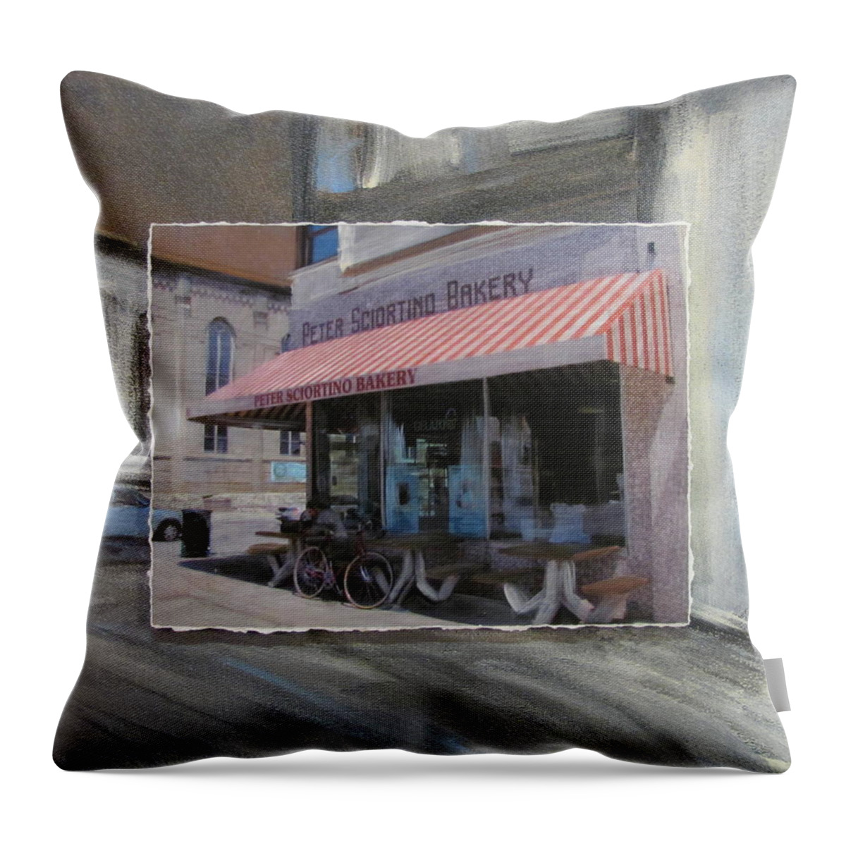 Brady Street Throw Pillow featuring the mixed media Brady Street - Peter Scortino Bakery layered by Anita Burgermeister