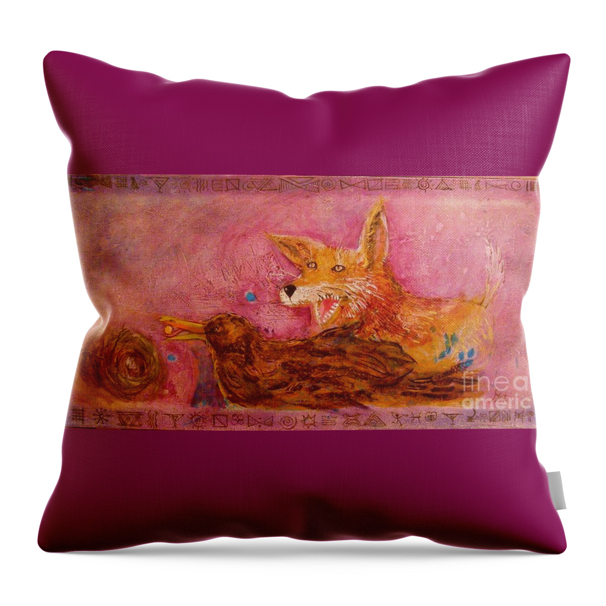 Folk Tale Throw Pillow featuring the painting Bre Fox and Bre Crow by Gertrude Palmer