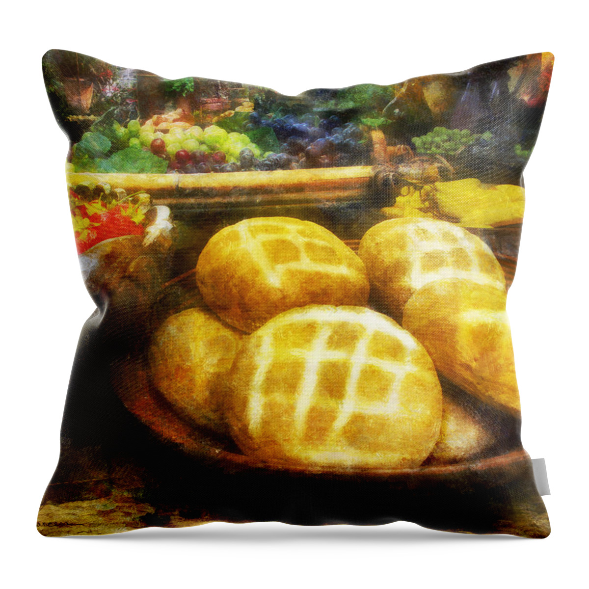 Bread; Loaf; Loaves; Food; Fruit; Still-life; Grapes Throw Pillow featuring the digital art Bread Table by Frances Miller