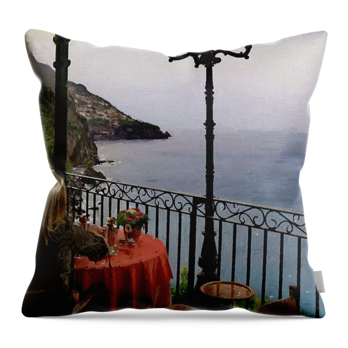 Positano Throw Pillow featuring the digital art Breakfast at Il San Pietro di Positano Italy by Russ Harris