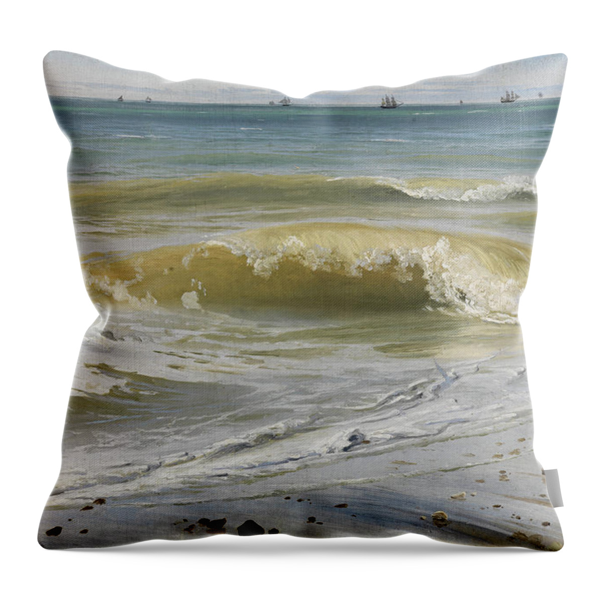 Johann Wilhelm Schirmer Throw Pillow featuring the painting Breaking Waves with Distant Ships by Johann Wilhelm Schirmer