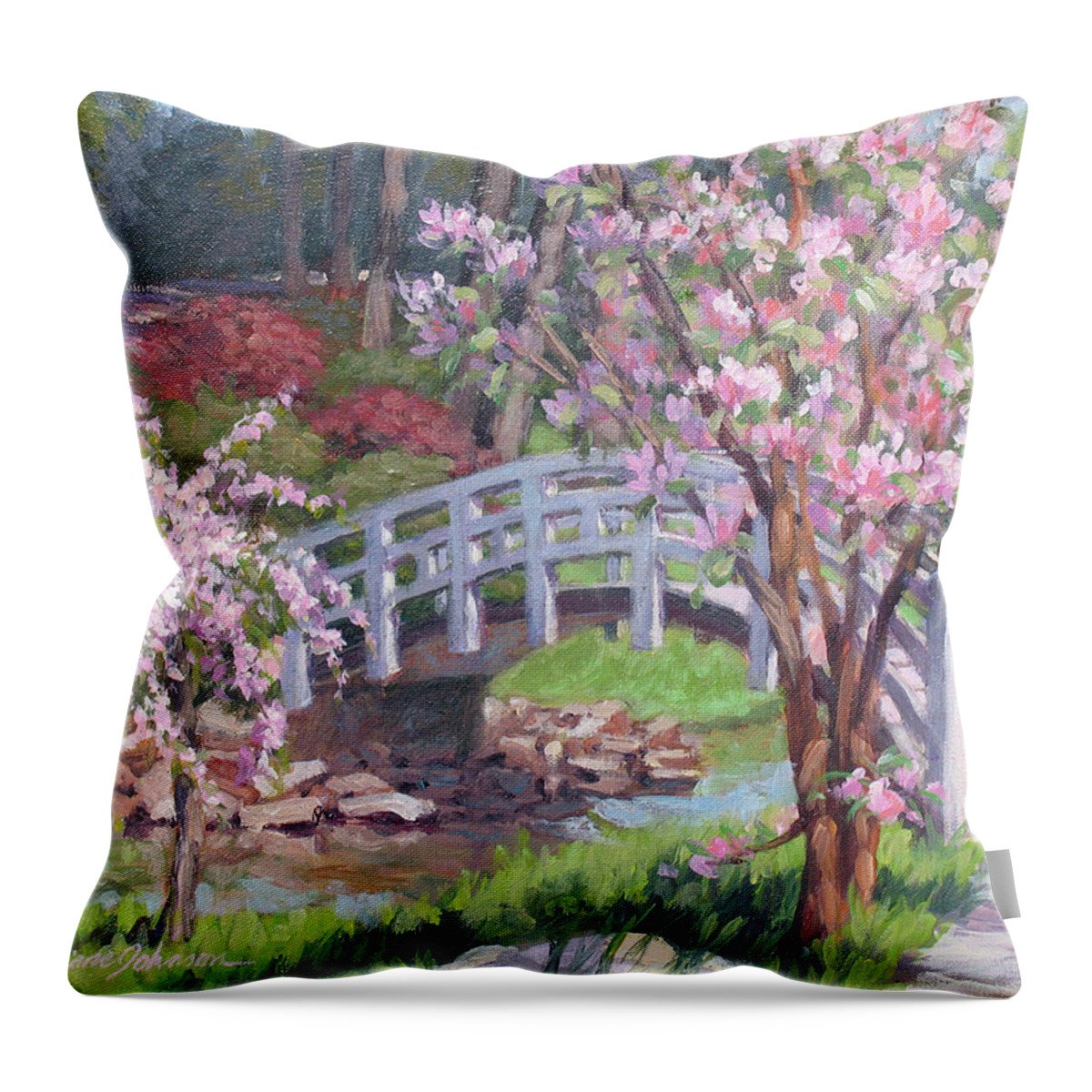 Sarah Duke Garden Throw Pillow featuring the painting Breath of Spring by L Diane Johnson