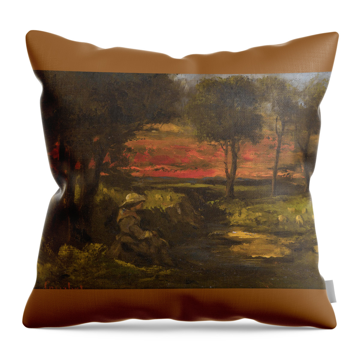 Gustave Courbet Throw Pillow featuring the painting Breton Spinner by Gustave Courbet
