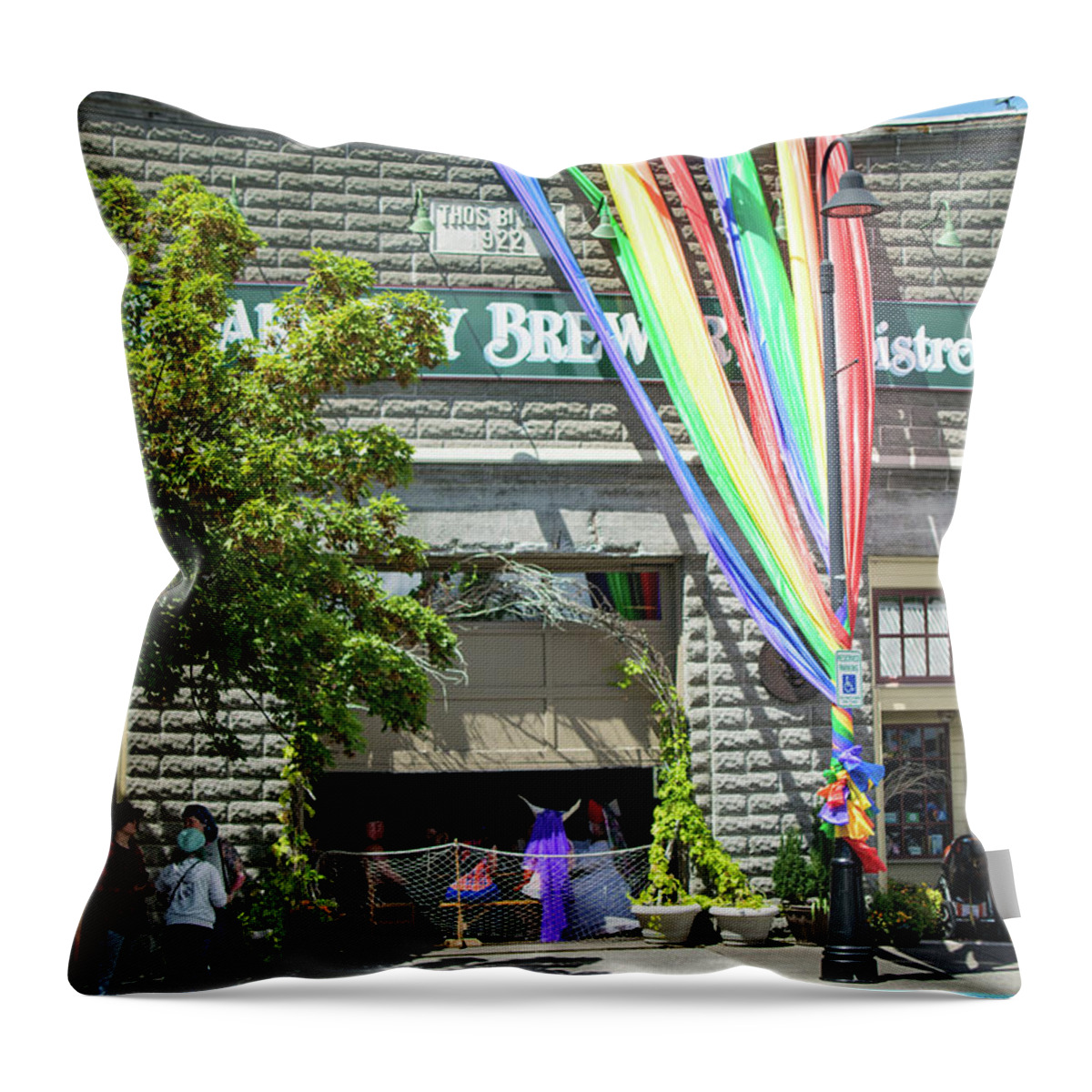 Colored Throw Pillow featuring the photograph Brew Pub Banner by Tom Cochran