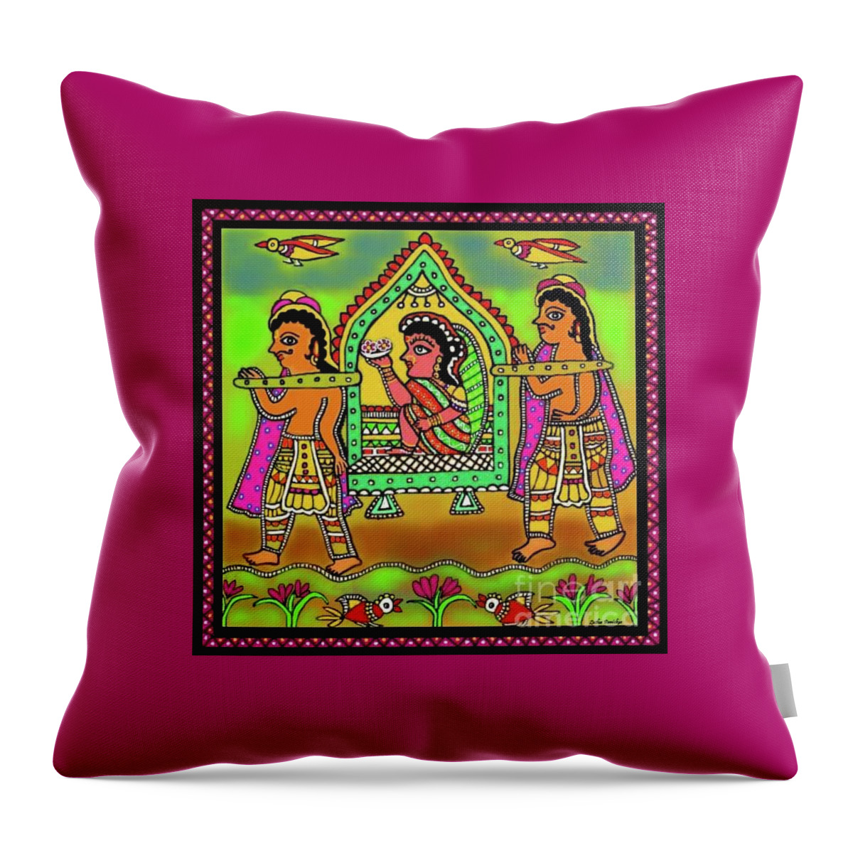 Madhubani Painting Throw Pillow featuring the digital art Bride in a Palanquin by Latha Gokuldas Panicker