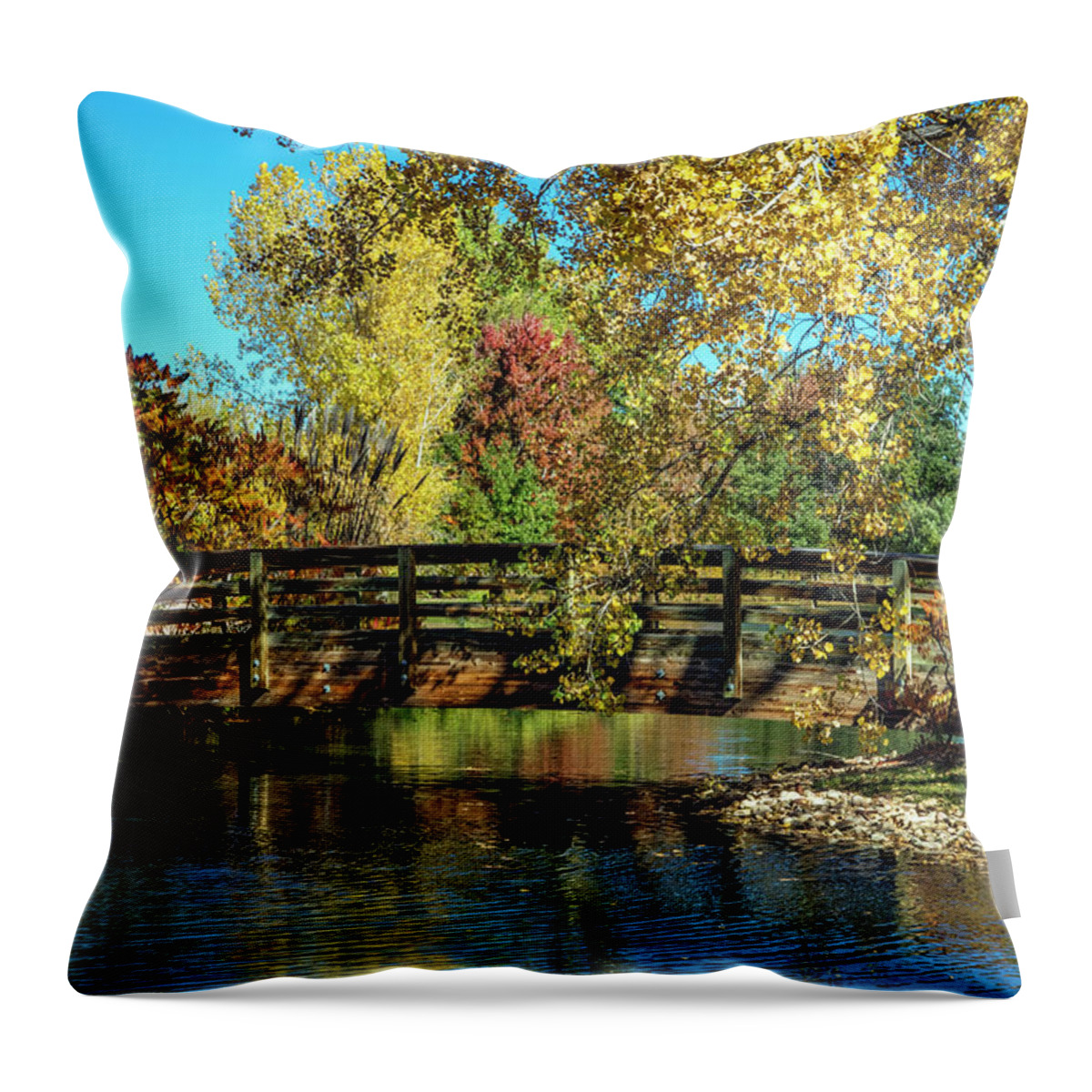 Fall Throw Pillow featuring the photograph Bridge in Fall Colors by Dawn Key