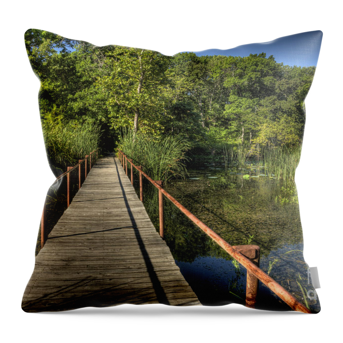 Bridge Throw Pillow featuring the photograph Bridge into the Forest at Lake Murray by Tamyra Ayles