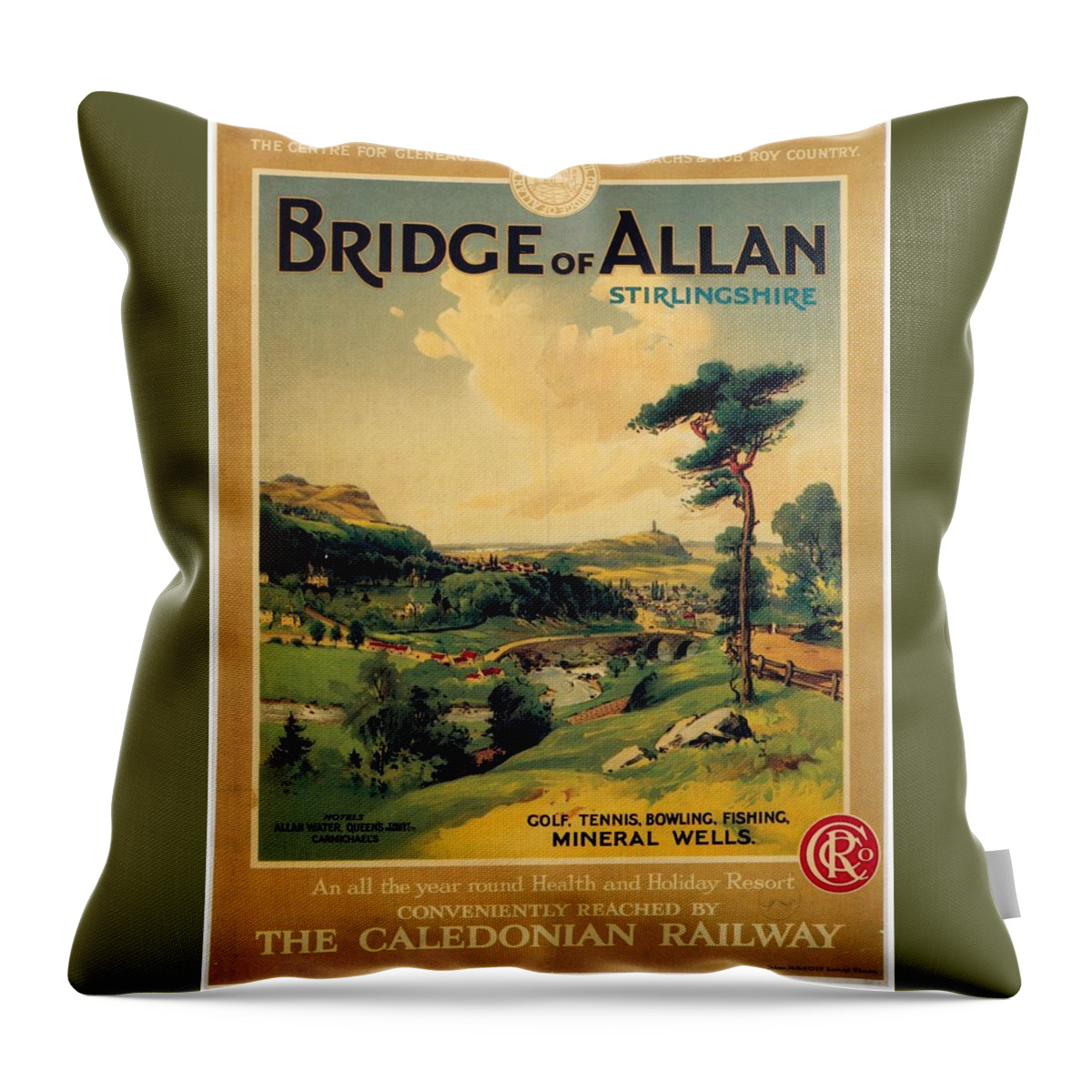 Allan Throw Pillow featuring the mixed media Bridge of Allan, Stirlingshire - The Caledonian Railway - Retro travel Poster - Vintage Poster by Studio Grafiikka