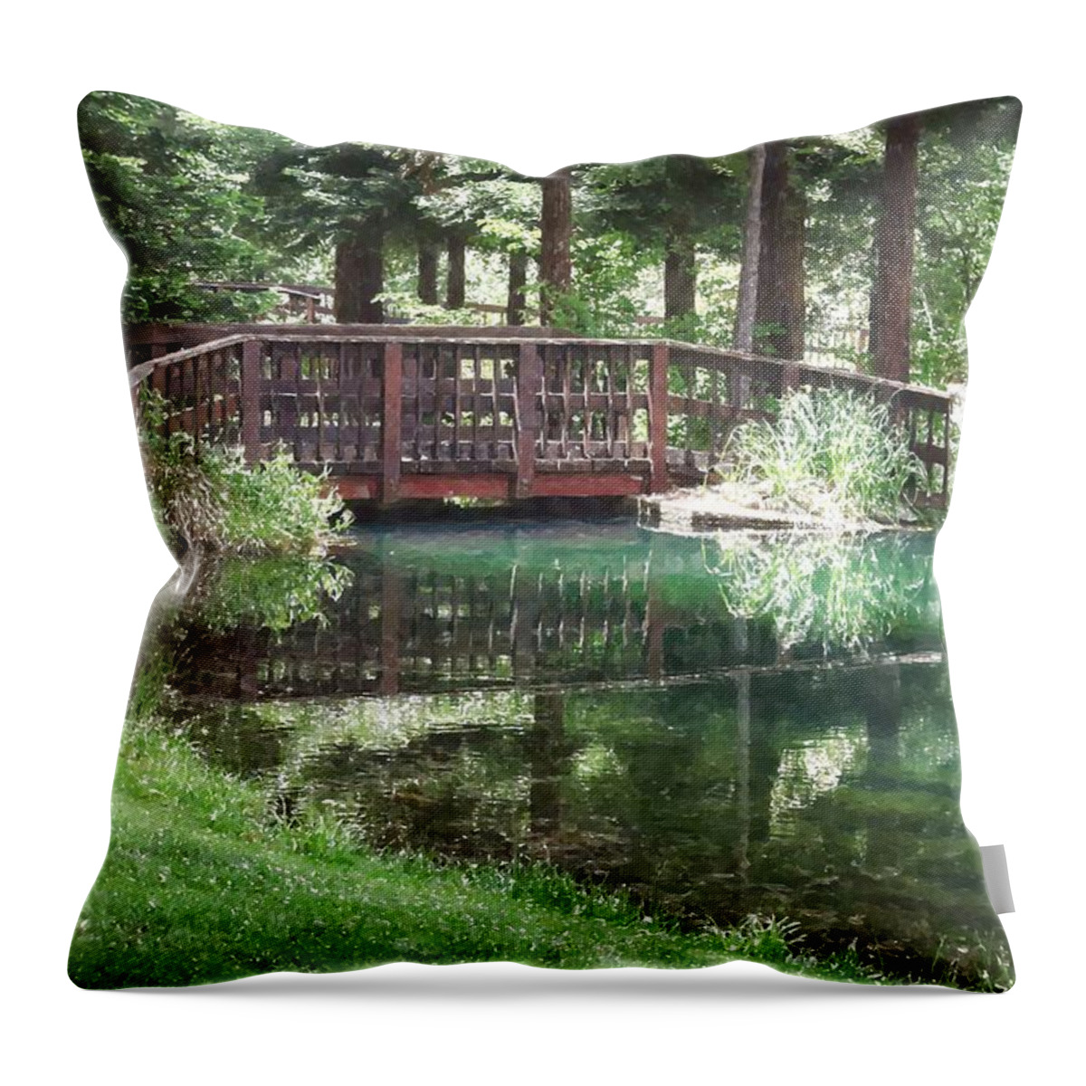 The Pond Bridge Throw Pillow featuring the photograph Bridge Pond Watercolor by Frank Wilson