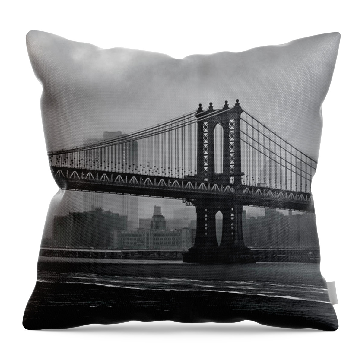 New York Throw Pillow featuring the photograph Bridges in the Storm by Adam Reinhart