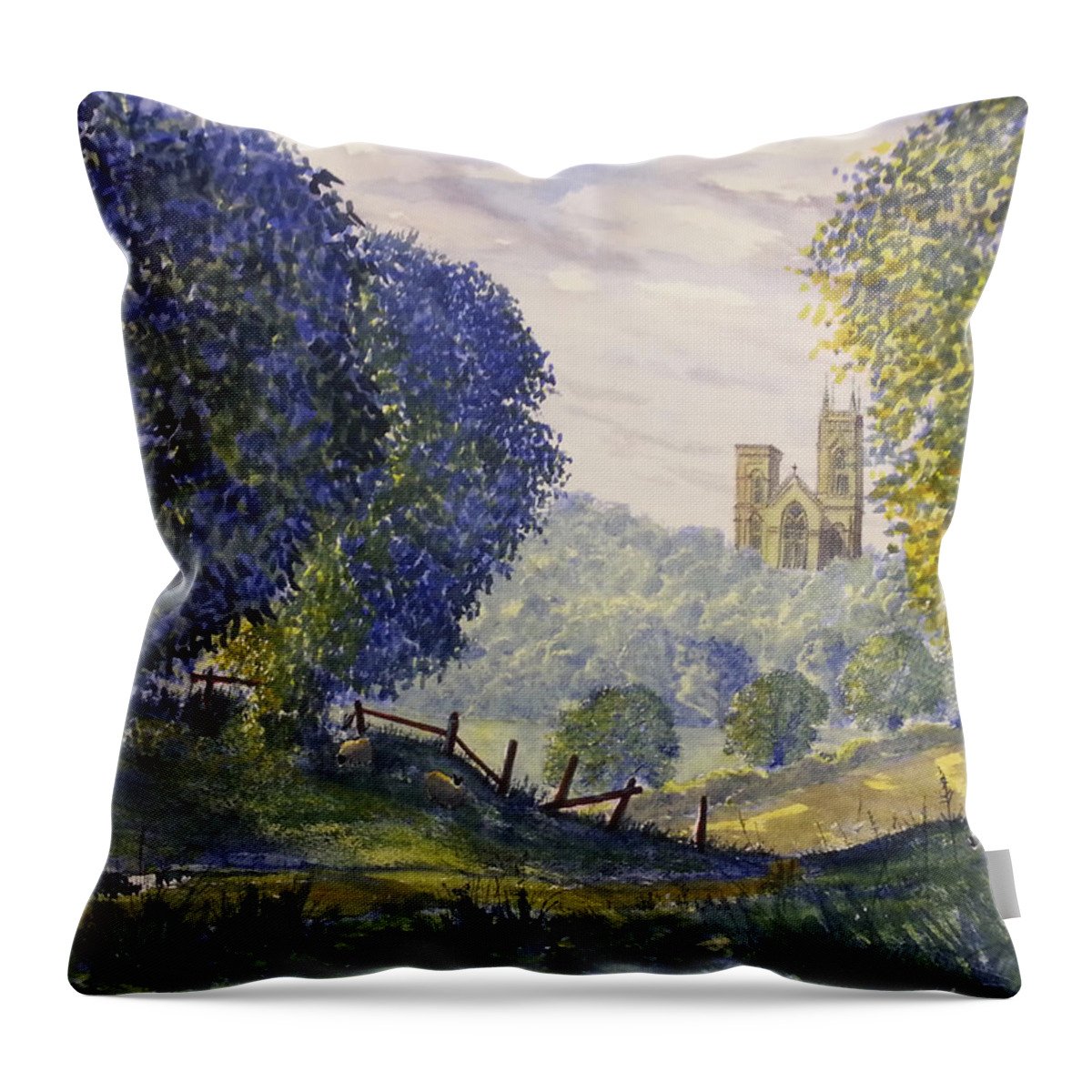 Glenn Marshall Yorkshire Artist Throw Pillow featuring the painting Bridlington Priory from Woldgate on the Hockney Trail by Glenn Marshall