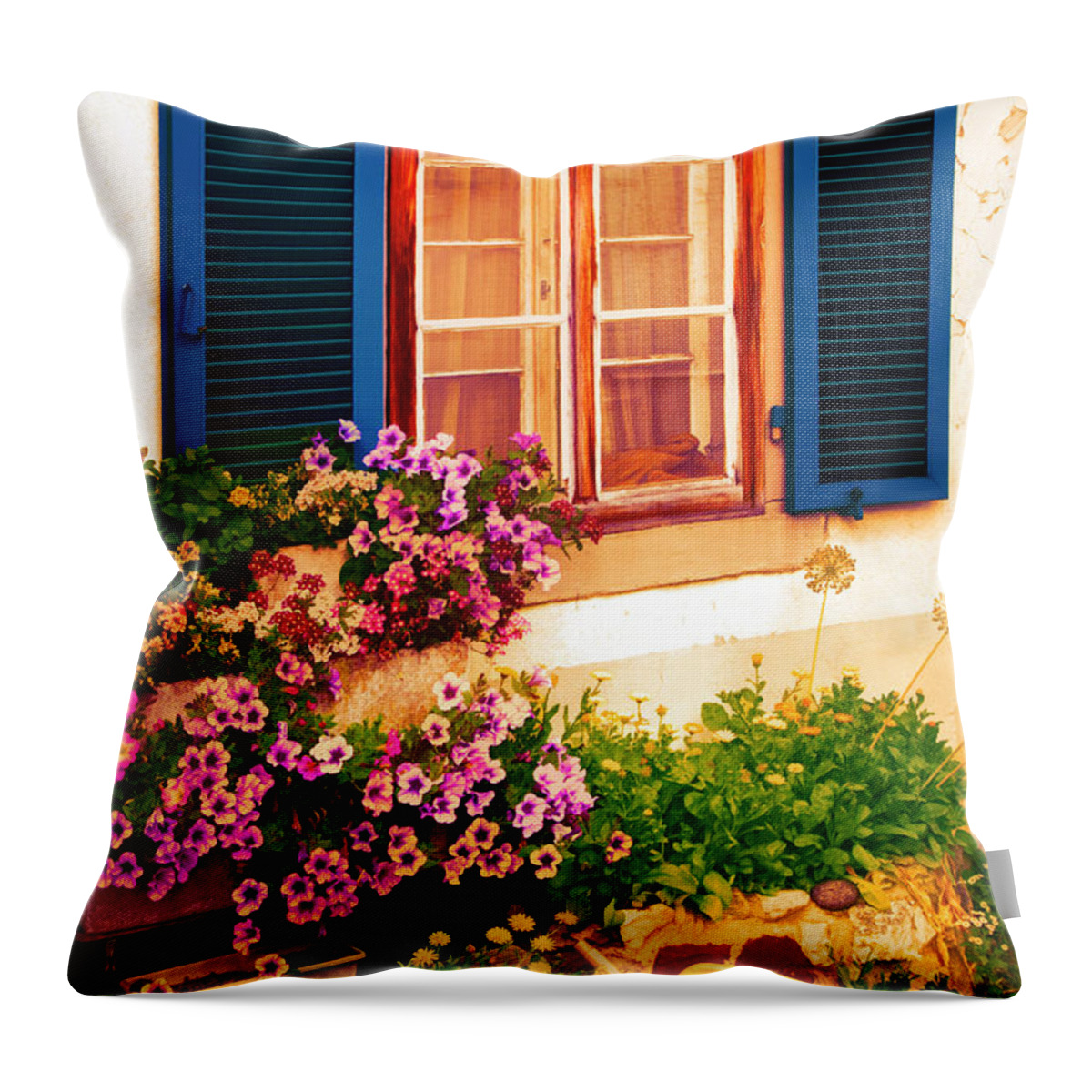 Austria Throw Pillow featuring the photograph Bright Blue Shutters in the Garden by Debra and Dave Vanderlaan
