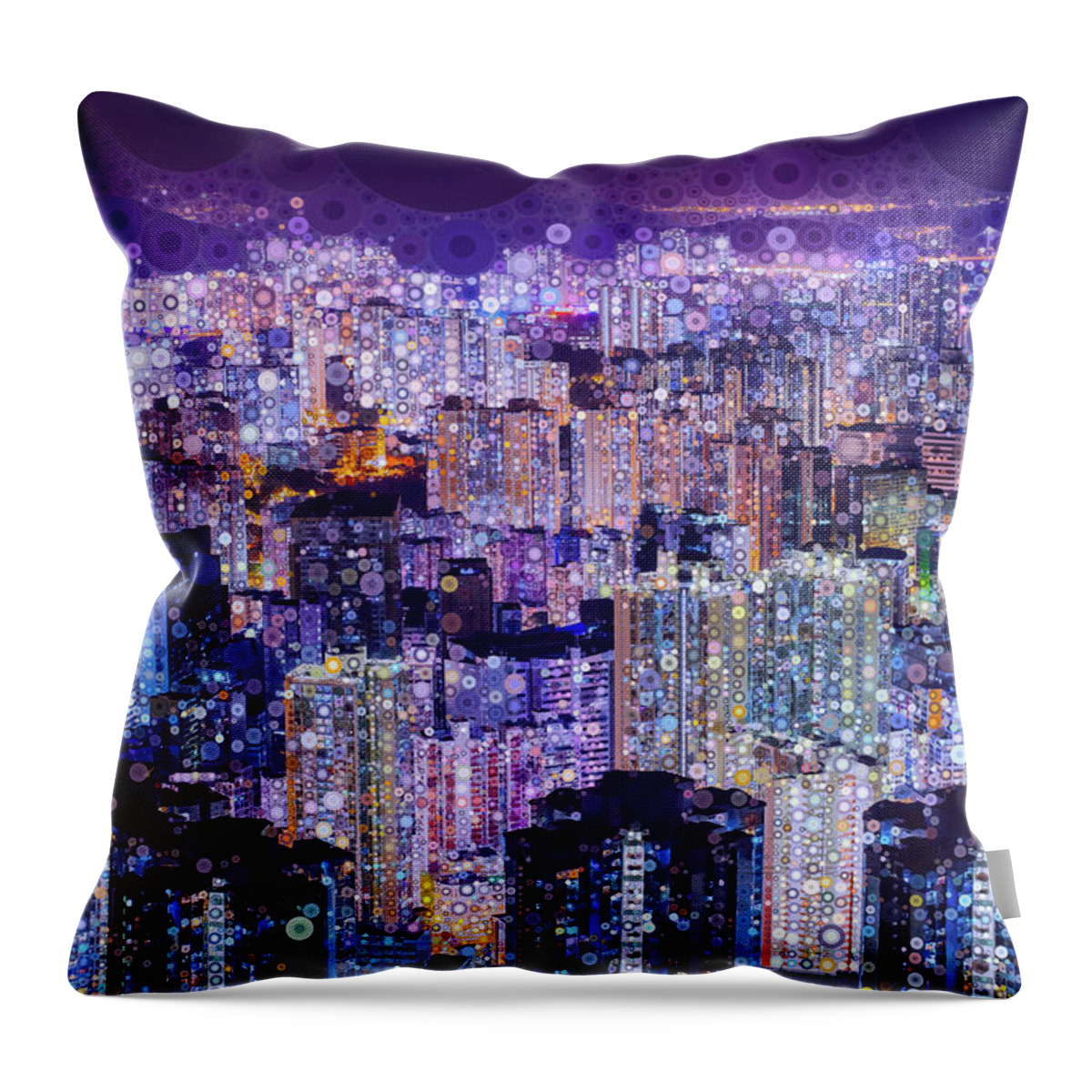 Hong Kong Throw Pillow featuring the mixed media Bright Lights, Big City by Susan Maxwell Schmidt