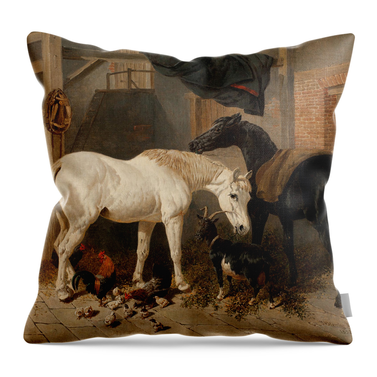 John Frederick Herring (senior) 1795 � 1865 British Barn Interior With Two Horses Throw Pillow featuring the painting British Barn Interior with Two Horses by John Frederick Herring