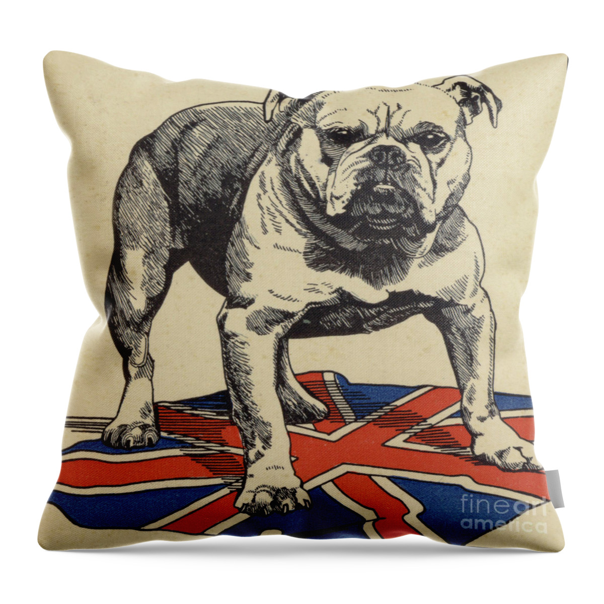 British Bulldog Throw Pillow featuring the drawing British bulldog standing on the union jack flag by English School