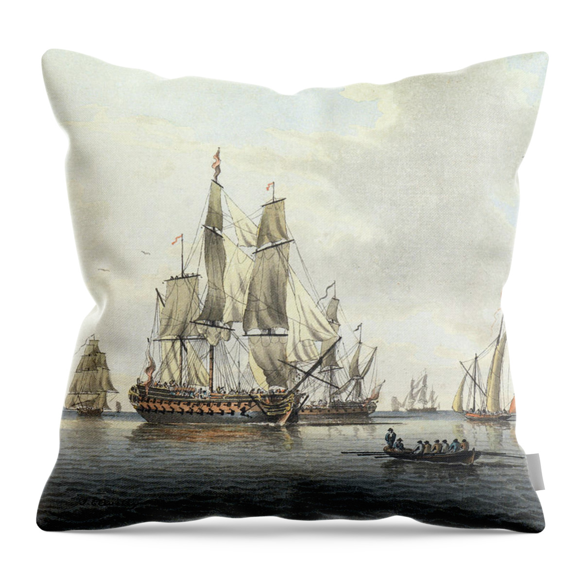 John Cleveley Jr (17471786) British Man Of War In A Calm Throw Pillow featuring the painting British Man Of War In A Calm by MotionAge Designs